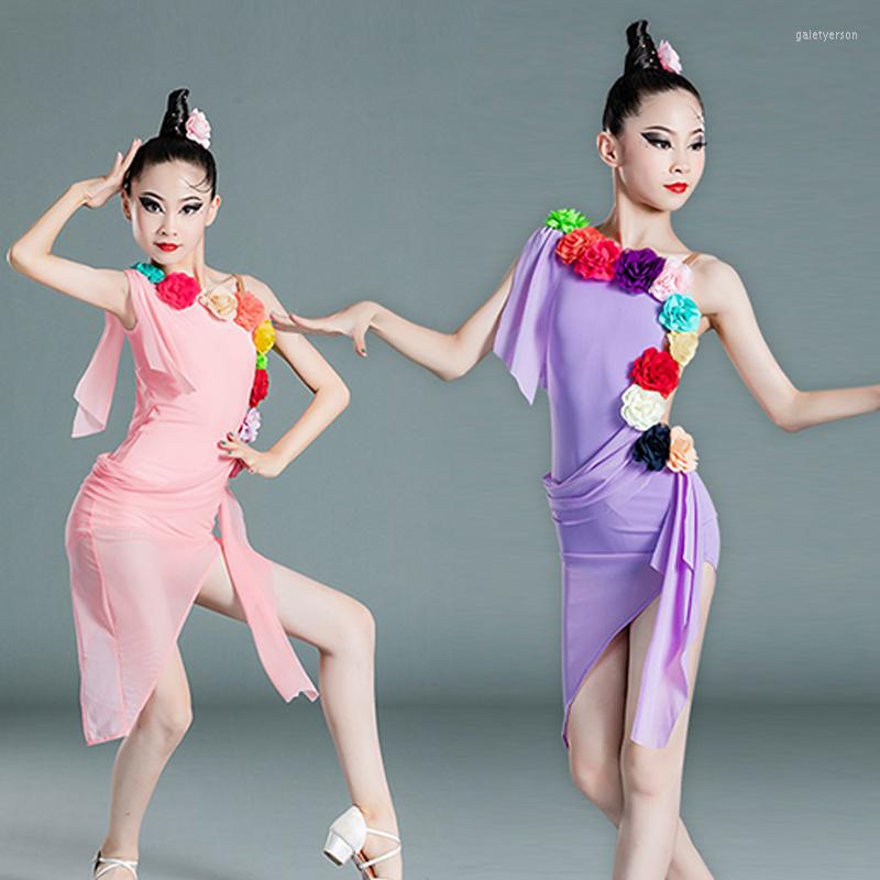 

Stage Wear Latin Dance Costume For Kids Girls Oblique Shoulder Flower Mesh Dress Purple Pink Color Competition Clothes BL6923, Dress-headwear
