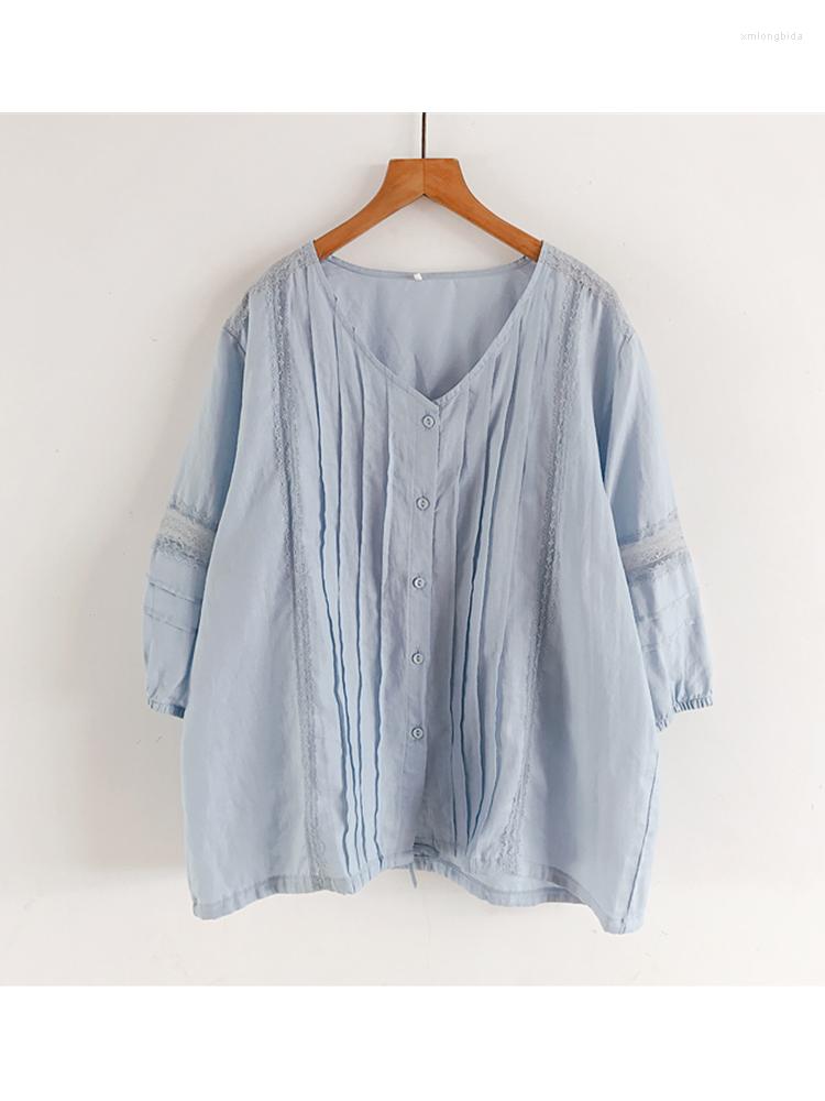 

Women's T Shirts Lamtrip Unique Pleated Folds Lace Patchwork Half Lantern Sleeve Cotton Linen Tee T-Shirt Top Women 2023 Summer, White