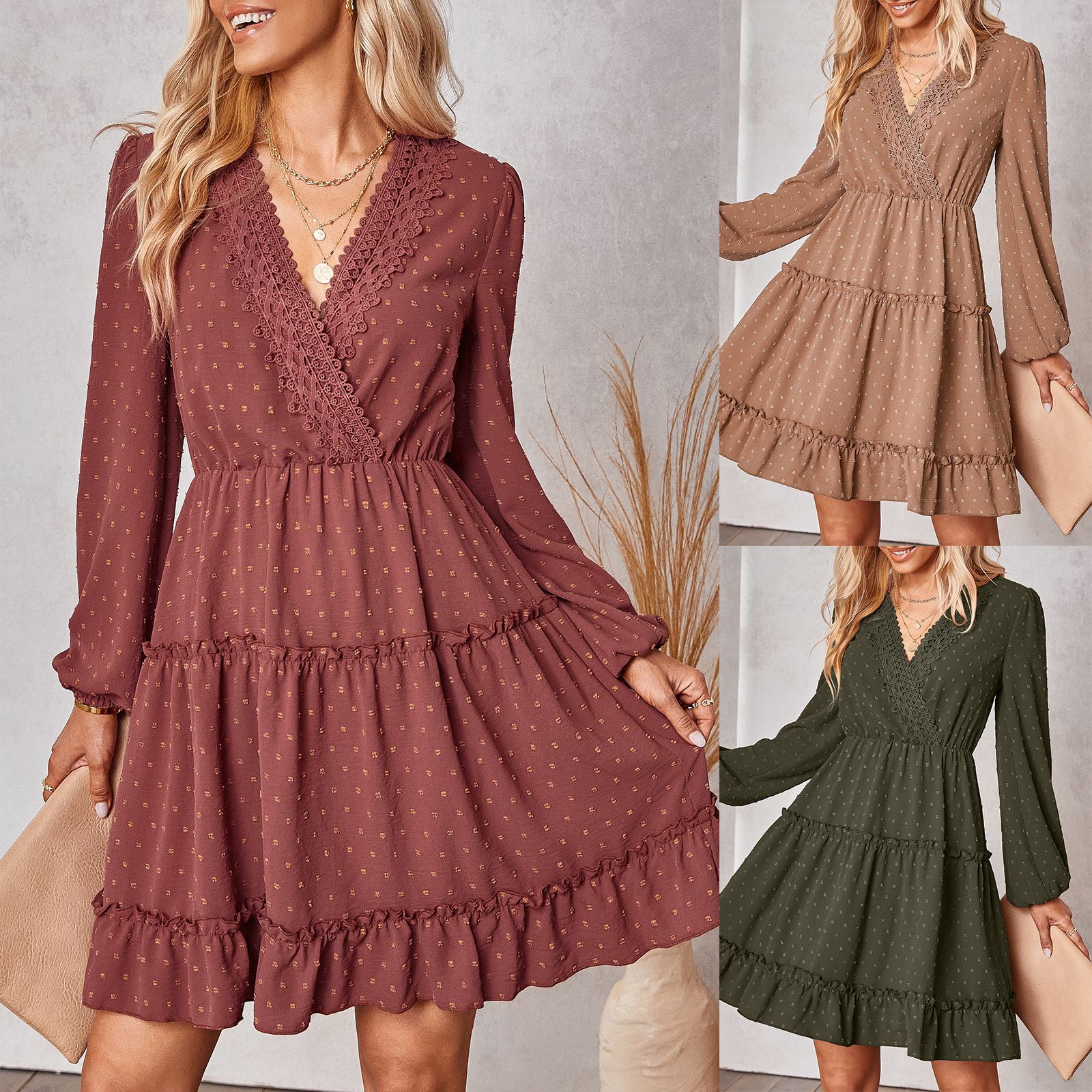 

2023 Summer and Autumn Long Sleeve Dress V Neck, Darkcyan