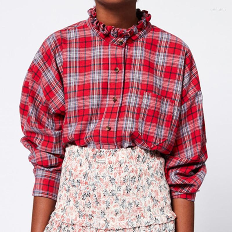 

Women' Blouses Frill Trim Collar Women Plaid Blouse 2023 Early Spring Single-Breasted Vintage Ol Shirt Adn Top With Single Pocket