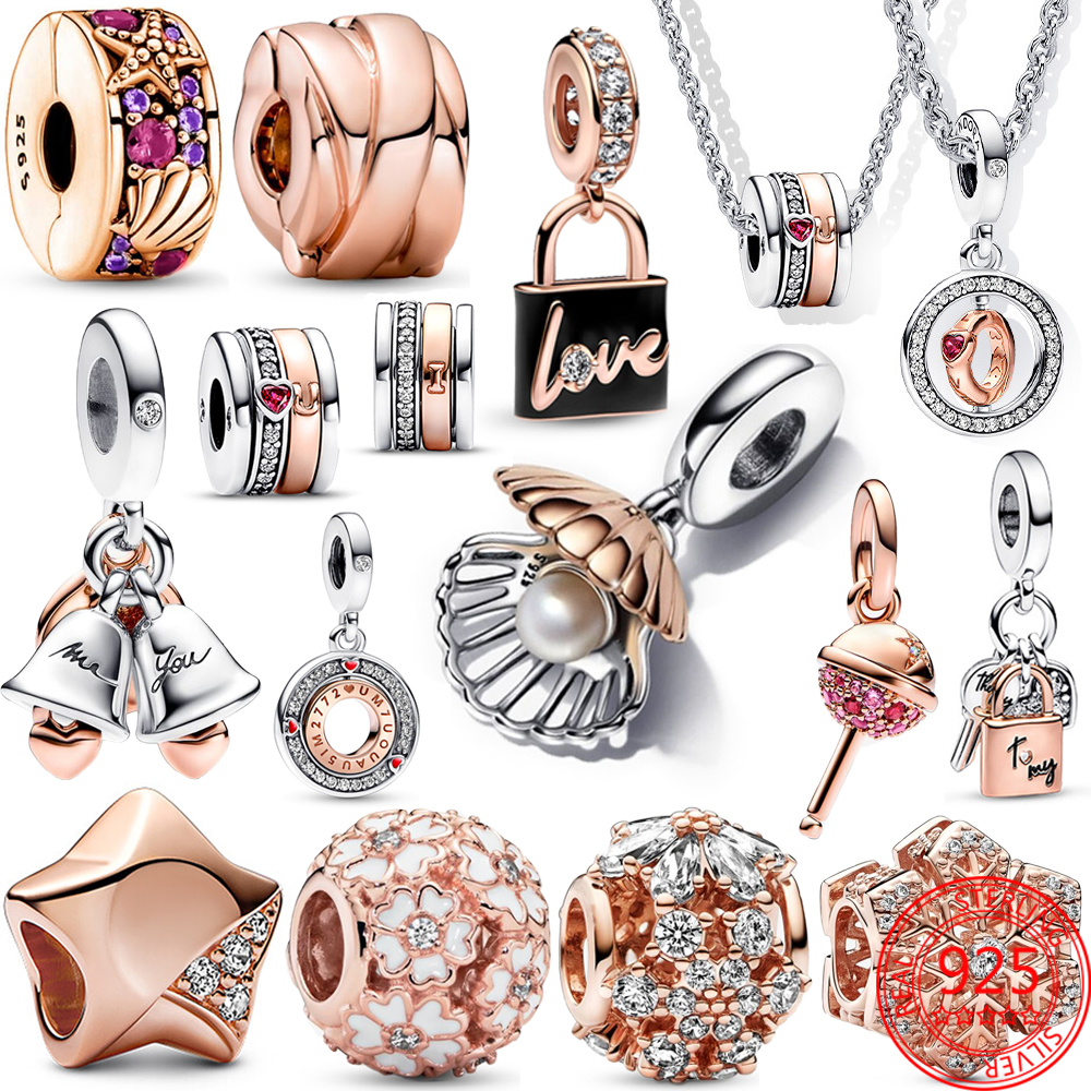 

925 Sterling Silver Dangle Charm Classic Sparkling Rose Gold Gold Heart Pandora Bracelet and Necklace DIY Jewelry Fashion Accessories Free Delivery