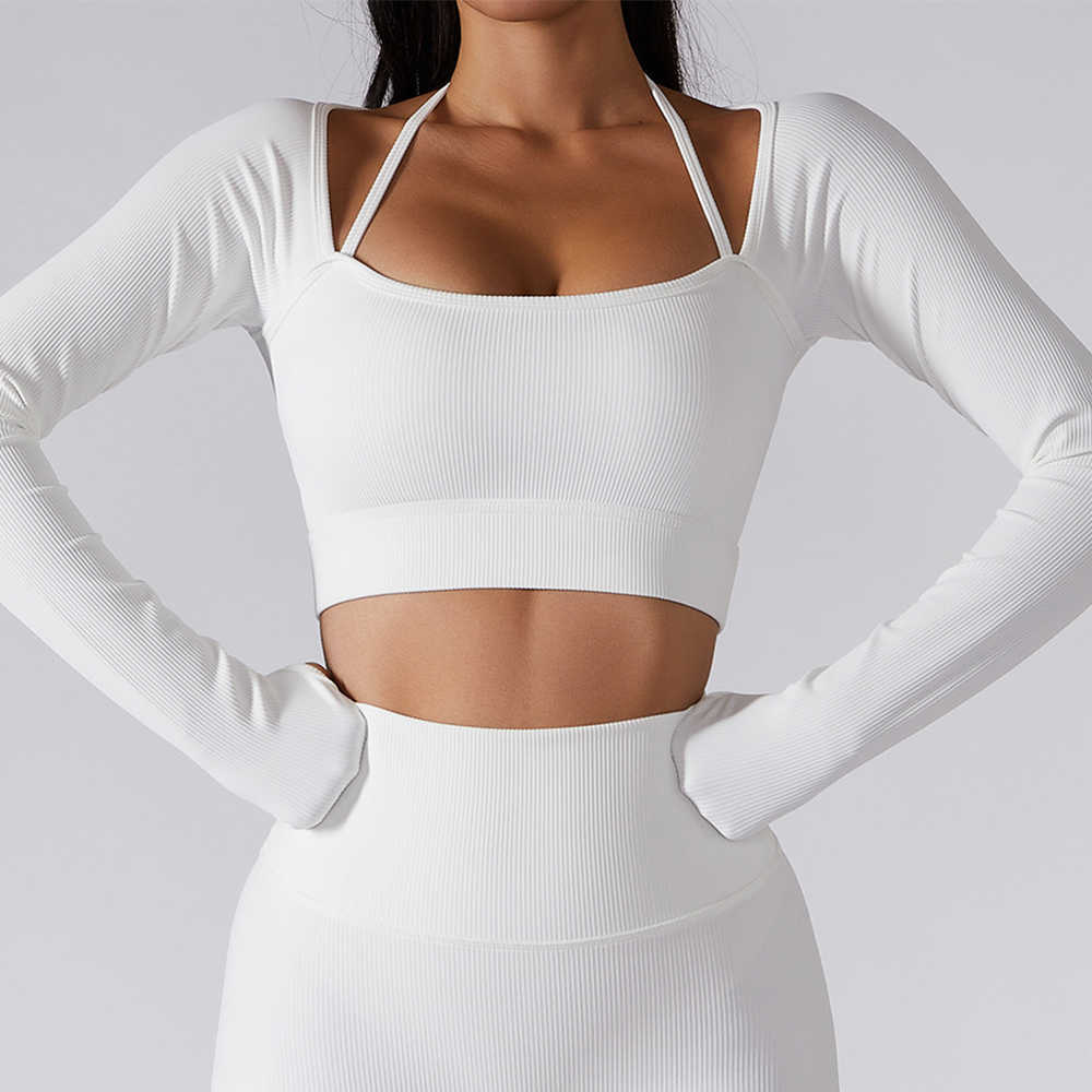 

lulu Women Yoga Set Workout Seamless Sportswear Gym Clothing Ribbed Fitness Long Sleeve Crop Top High Waist Leggings Sports Suits Woman, Grey bra a 1pc