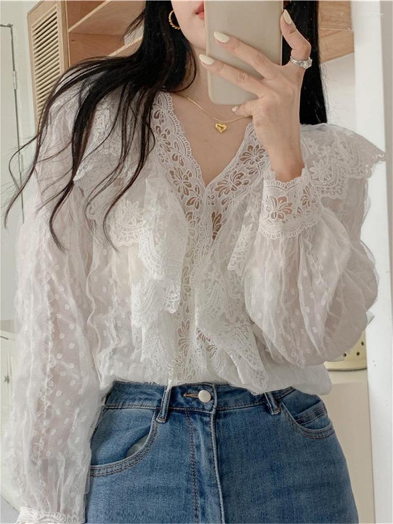 

Women's Blouses Alien Kitty Women V-Neck Elegant Autumn Lace Chic 2023 Gentle Lady Slim Full Sleeve Office Streetwear Mujer, White