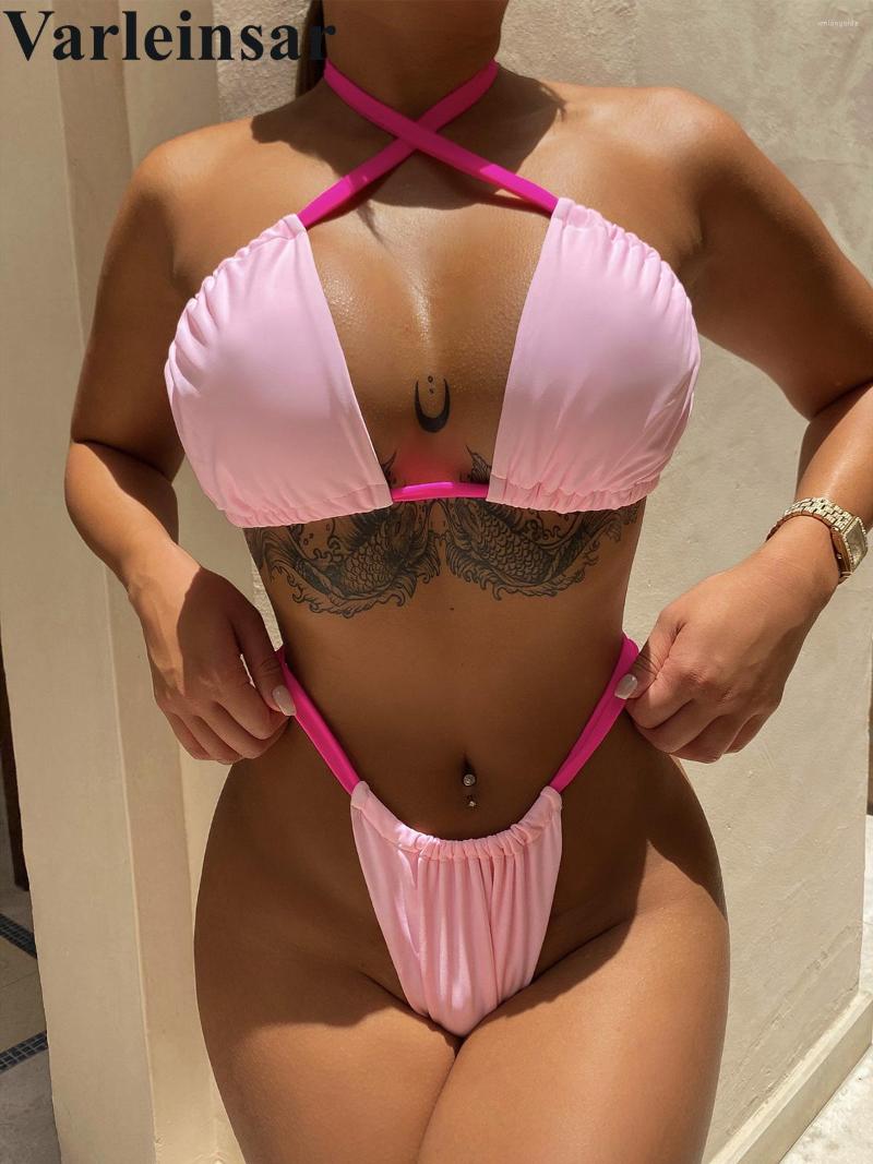 

Women' Swimwear 2023 Sexy Halter Thong Bikini Women Female Swimsuit Two-pieces Set Padded Bather Bathing Suit Swim V4363, Pink