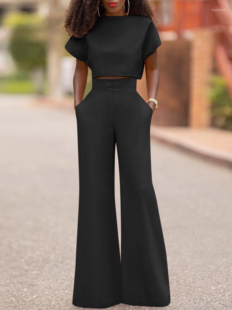 

Women' Two Piece Pants VONDA Women Set 2023 Casual Solid Short Sleeve Tops Palazzo Suits Femme High Waist Zipper Office Long Trouser, Black