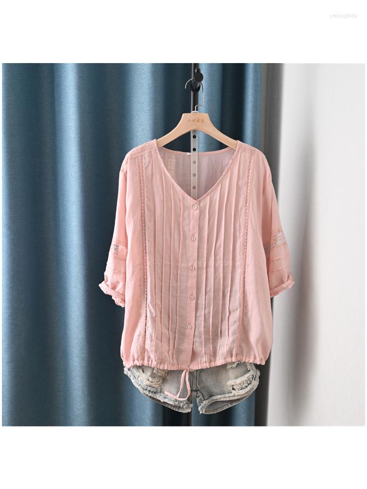 

Women's T Shirts Lamtrip Unique 2023 Summer Pleated Folds Lace Patchwork Half Lantern Sleeve Cotton Linen Tee T-Shirt Top Women Mori, White