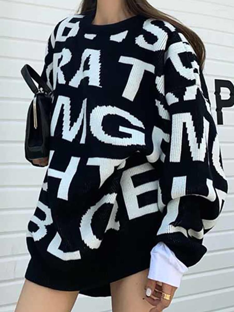 

Women's Sweaters Winter Sweater Women Knitted Pullover Female Fashion Letter Harajuku Jumper Ladies Casual Loose Long Sleeve Top Sueter, Black