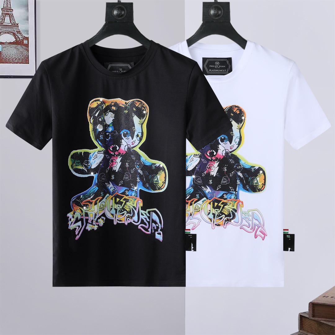 

Summer men's casual T-shirt colorful bear print with hot drill hip-hop style round neck comfortable breathable tops, White