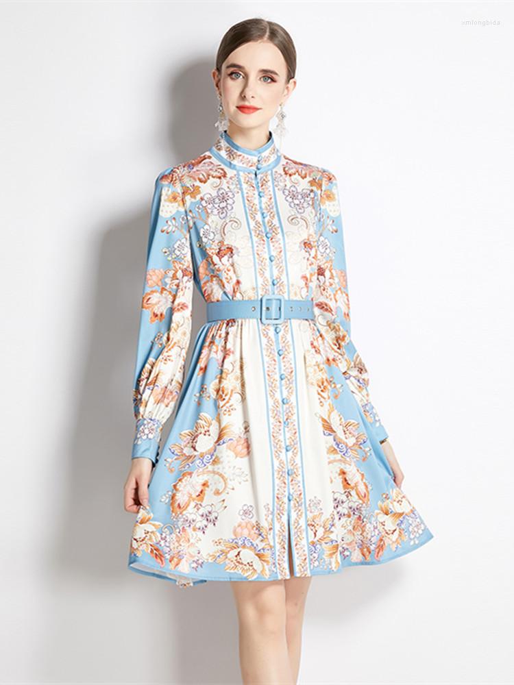 

Casual Dresses Fashion Runway Autumn Spring Knee Length Women Stand Collar Long Sleeve Single Breasted Floral Print Vintage Belt Party Dress, Sky blue
