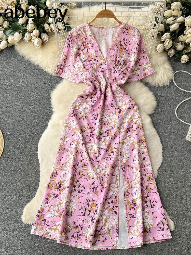 

Party Dresses Retro Floral Print Dress Women Elegant Flare Sleeve Splicing Ruffles Mini Ladies V Neck Loose Bohemian Beach 2023, Pink