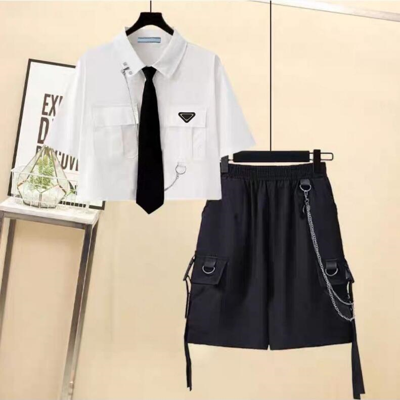 

P-ra Designer Women's Blouse T-Shirt Pants Two Piece Tracksuit Fashion Casual Short Shirt Shorts Pants Suit Street Hip Hop Black White Purple Beautiful Girl's Shirts, Black - pants
