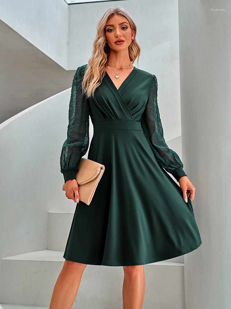 

Casual Dresses 2023 Solid Midi Dress Women Fashion V Neck Long Sleeve Elegant Ladies Party Sexy Plus Size Office, Black