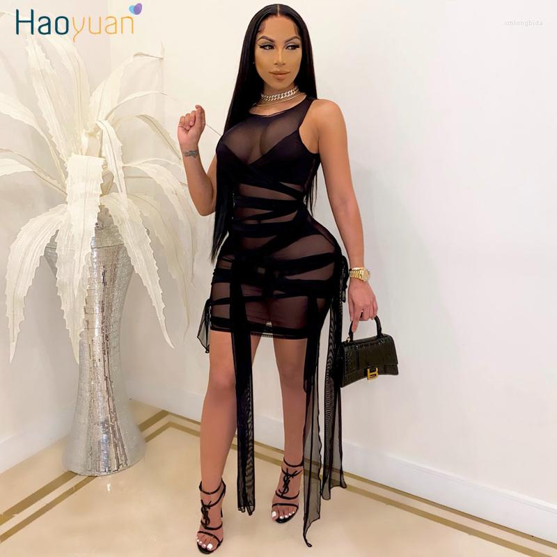 

Casual Dresses HAOYUAN Plus Size Mesh Sheer Bodycon Bandage Dress Women Birthday Outfits Y2k Summer Clothes Sexy Night Party Club, Black