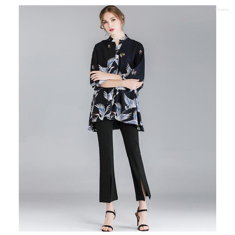 

Women's Blouses Print Women's Shirt Vintage Top Korean Streetwear Y2k Oversized Elegant Fashion Camisas Y Blusas, Black and blue shirt