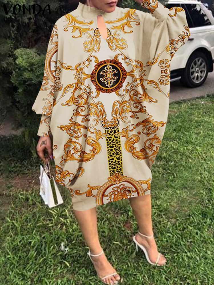 

Casual Dresses VONDA 2023 Summer Bohemian Midi Dress Women Long Bat Sleeve Floral Printed Party Sundress Vintage Robe Femme Oversized, Beige