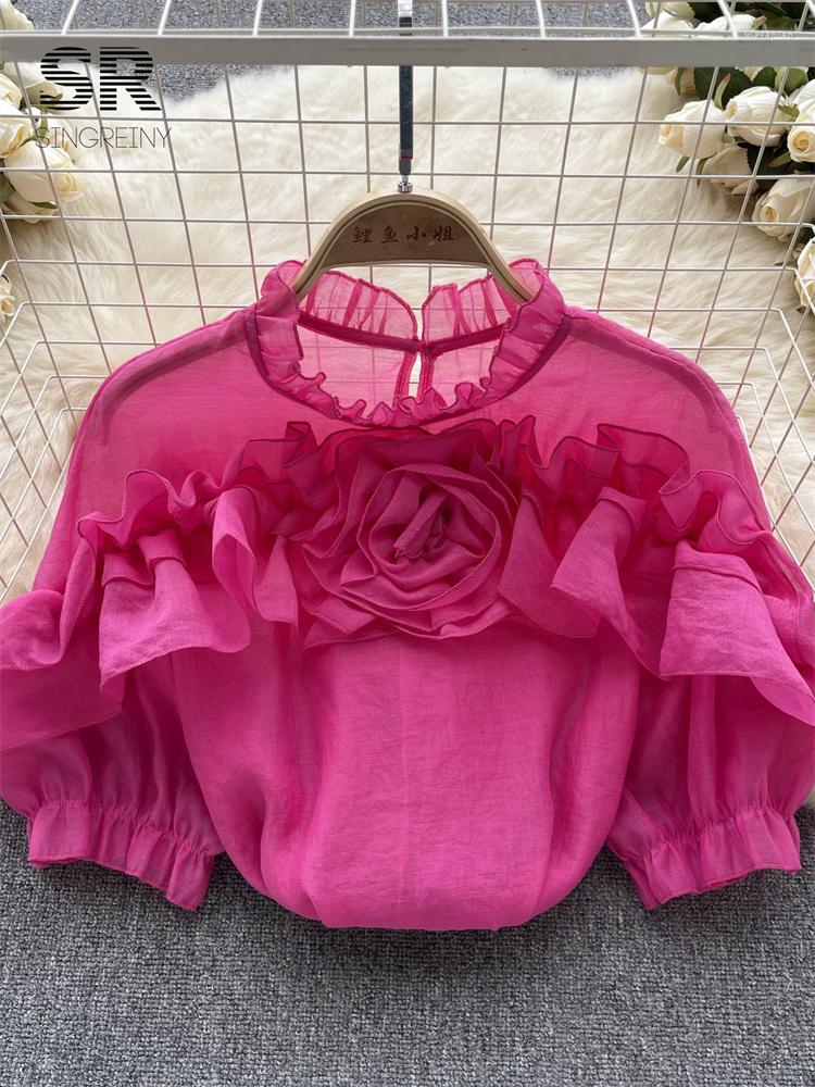 

Women's Blouses SINGREINY Ruffles Chiffon Shirt Women Summer Solid French O Neck Loose Fashion 2023 Y2K Ladies Thin Casual Chic Blouse, Red