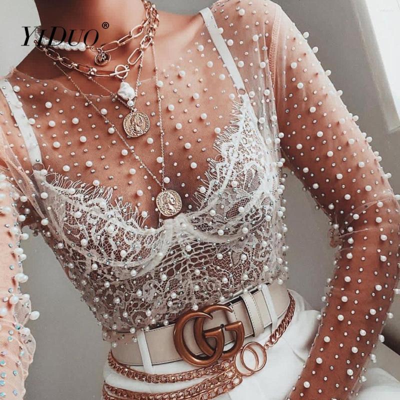 

Women's Blouses 2023 Women's Sexy Perspective Lace Shirt With Bright Diamond Beads On The Inside And Mesh Long Sleeves Outside, Pink