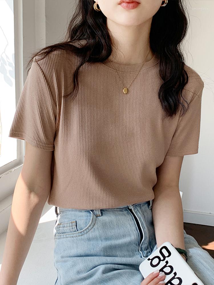 

Women' T Shirts 2023 Summer Knitted Women T-Shirts Ribbed O-neck Solid Slim Tees Female Cotton Casual Streetwear Base Tee Tops, White