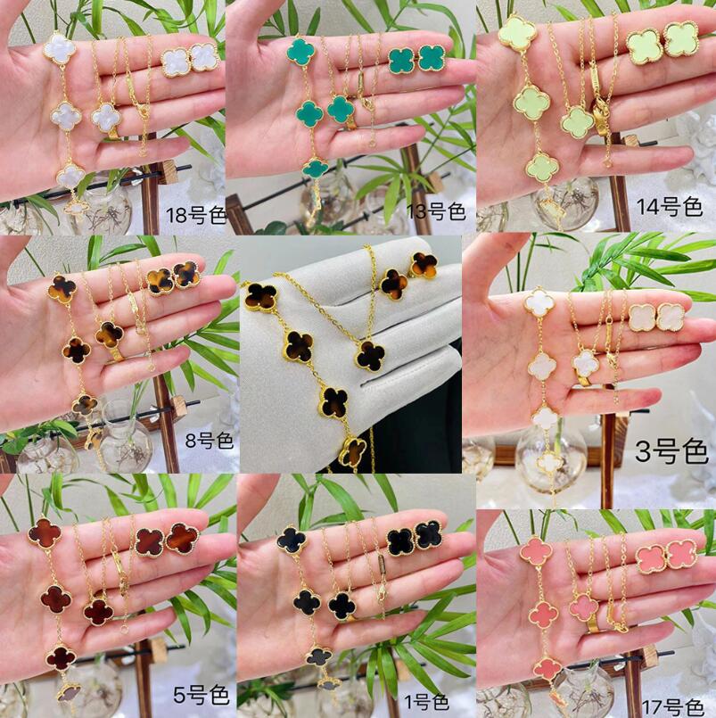 

4 Four Leaf Clover Luxury Designer Jewelry Sets Diamond Shell Fashion Brass Copper Women Bracelet Earrings Necklace Valentine's Day Birthday Gift, #1