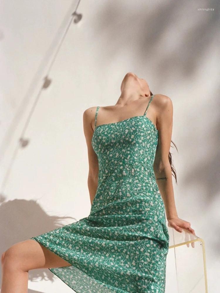 

Casual Dresses Spring Summer Women Floral Print Fishtail Sling Dress Sleeveless Sexy Ladies Holiday Beach Spaghetti Strap Robes, Green-polyester