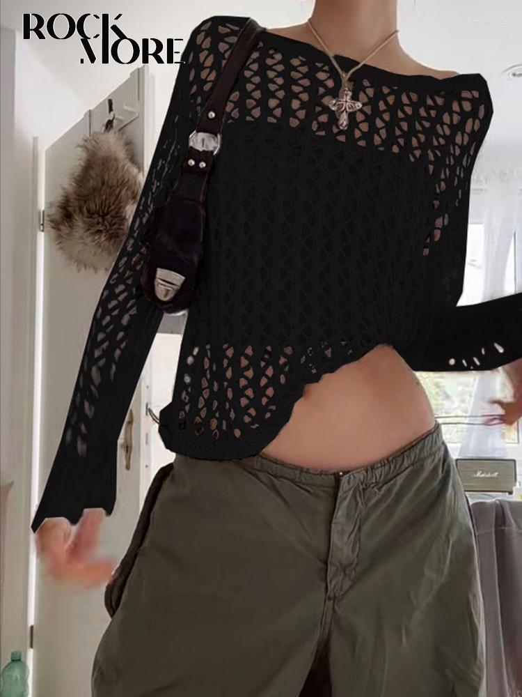 

Women' Sweaters Rockmore Black Fishnets Hollow Out Women Loose Knitted Pullover Tops Y2K Vintage Smock Jumpers Korean Grunge Fairycore