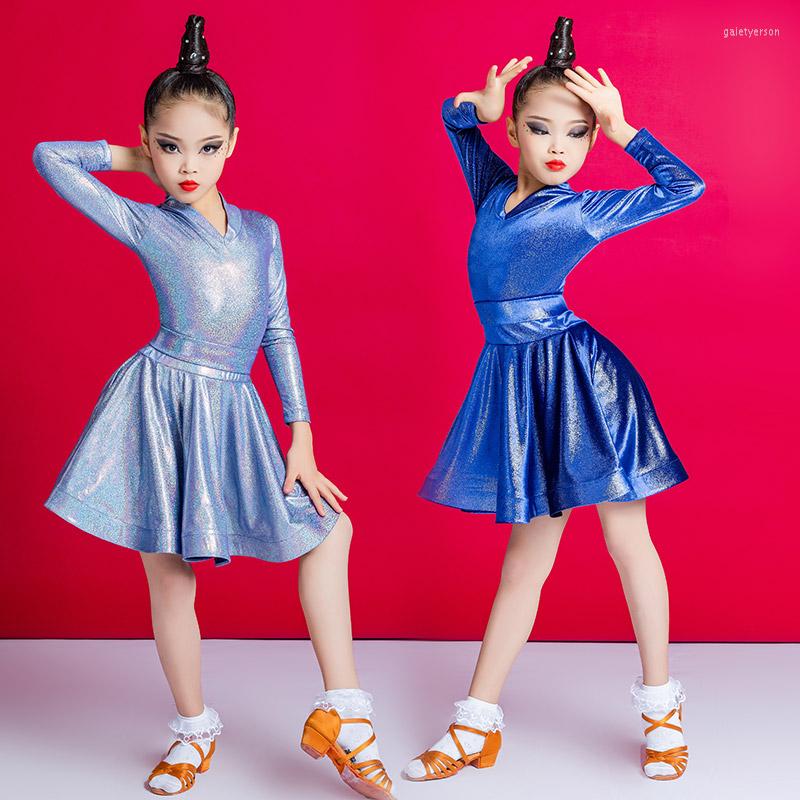 

Stage Wear Colorful Crystal Latin Dress For Girls Laitn Dance Children'S Kids Dancing Clothes Ballroom Competition SL5919, Blue long sleeve