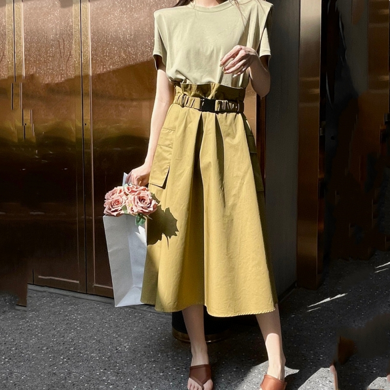 

womens designer clothing dresses for woman Round Collar Waist Belt Color Block Mid Calf Dress Casual Clothes for Summer, Black