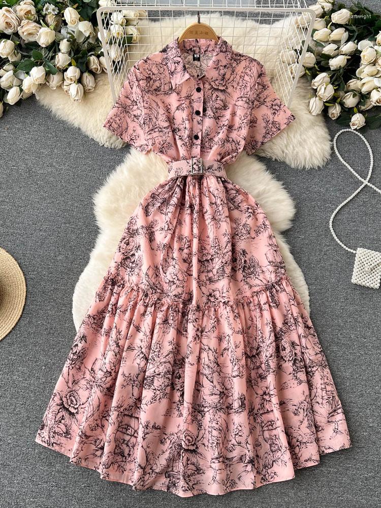 

Casual Dresses Floral Chiffon Shirt Dress Women Summer Short Sleeve Lapel Printed Ladies A-line Vintage Long Robe Vestidos, Pink