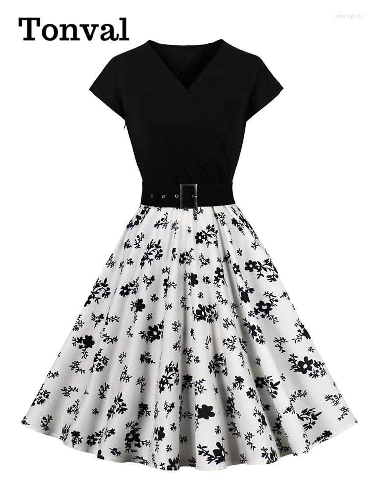 

Party Dresses Tonval Black And Floral Print Belted Summer V-Neck Dress Elegant 50s Festival Outfit Women A-Line Swing 2023