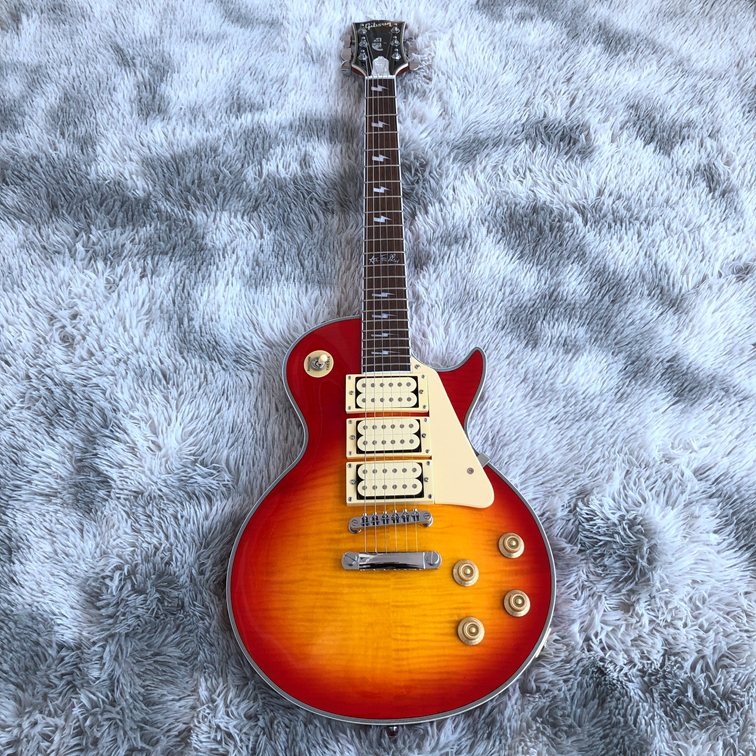 

red color electric guitar three pickups with pickguard rose wood fingerboard mahogany wood body