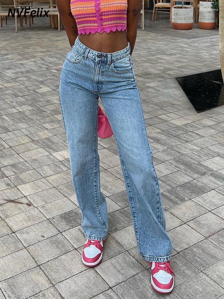 

Women's Jeans Classic Straight Boyfriend For Women High Waist Femme Trousers Fashion Casual Blue Wash Cotton Denim Pants Mom Baggy
