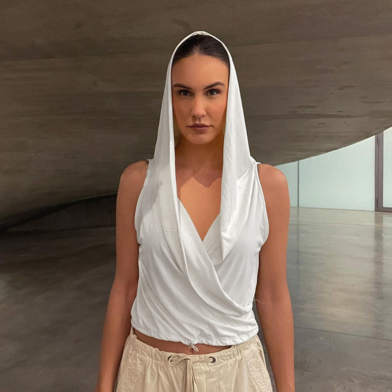 

Women' Tanks Sexy Pleated Hooded Vest Crop Tops Women Elegant V Neck Solid Sleeveless T-shirt 2023 Spring Casual Female White Streetwear