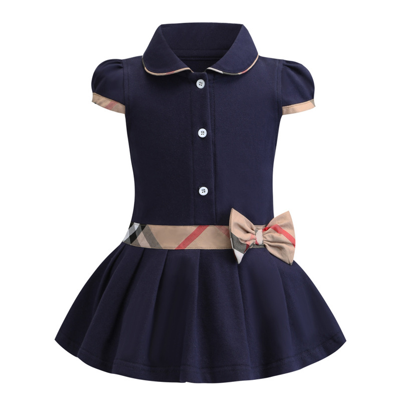 Designer Baby Girls Dress Lapel College Wind Bowknot Short Sleeve Pleated Polo Shirt Skirt Children Casual Designer Clothing Kids Clothes2024-image-551187750