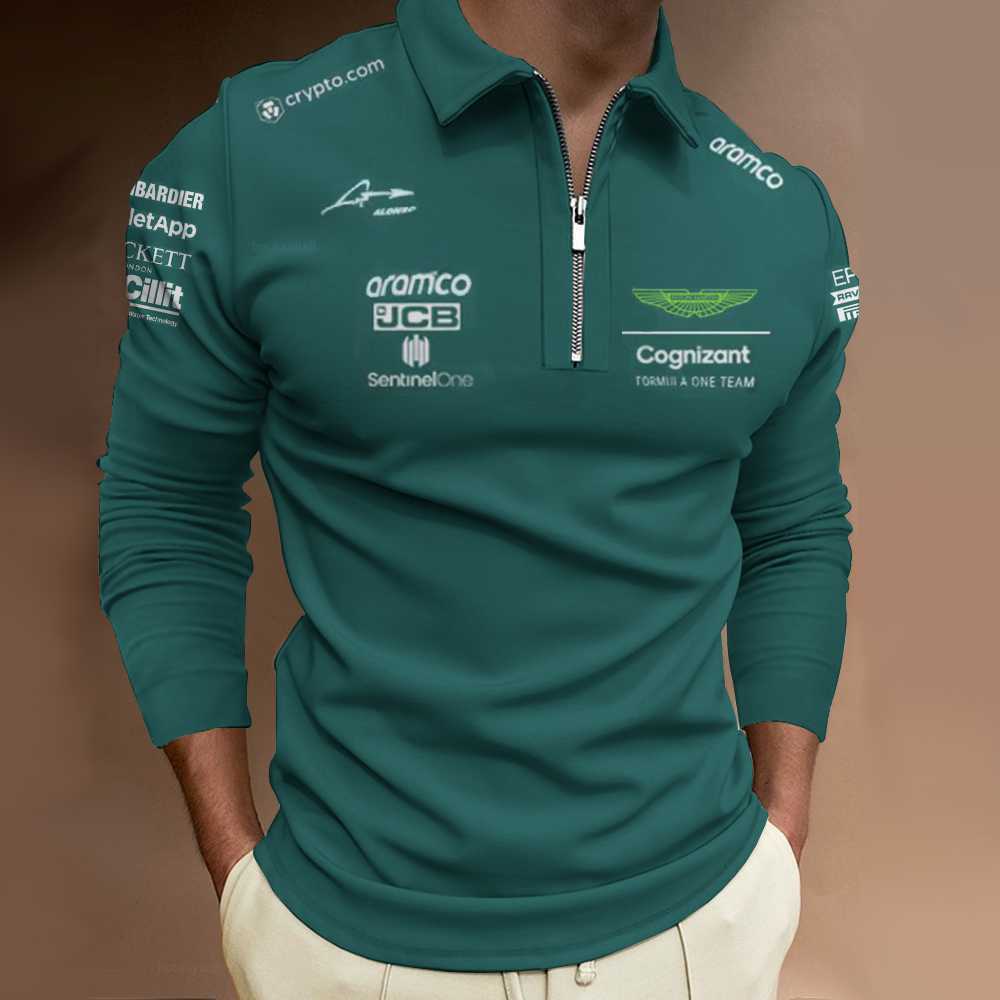 

Men's Polos New Aston Martin F1 Team Green Long-Sleeved POLO Spanish Racer Large Size Lapel Racer Clothing 2023, 08