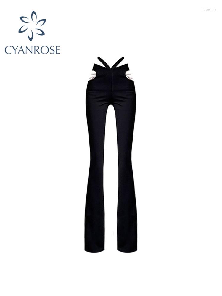 

Women' Pants Hollow Out Pearls Chain Low Waisted Flare Jeans Slim Aesthetic Retro Denim Sweatpants Streetwear Fashion Harajuku Korean Style, Black
