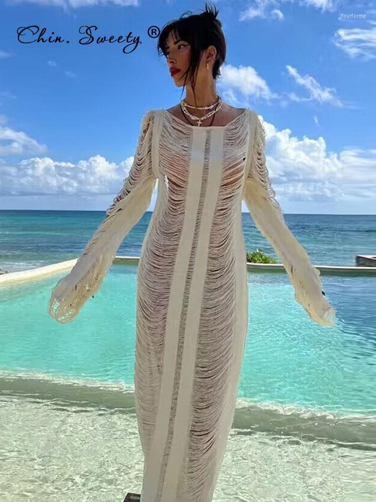 

Casual Dresses Crochet Bikini Cover-ups Dress Women Sexy Hollow Out O-neck Long Sleeve Tassel Beach 2023 Summer Solid Loose Cover U, White
