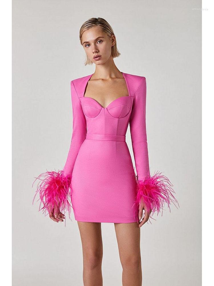 

Casual Dresses HIGH STREET Est 2023 Fashion Stylish Designer Women' Feather Embellished Long Sleeve Bandage Dress, Rose red