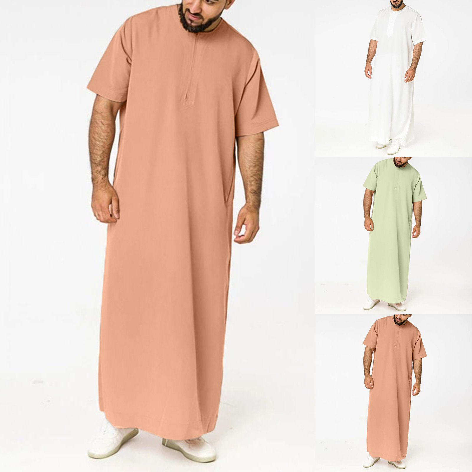 

Men Muslim Kaftan Short Sleeve Solid O Neck Jubba Thobe Abaya Middle East Dubai Saudi Arabia Islamic Mens Robes -5XL, White