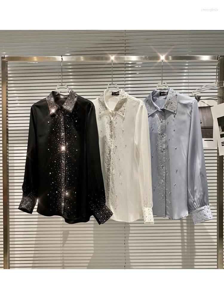 

Women' Blouses HIGH QUALITY Fashion 2023 Designer Shirt Long Sleeve Diamonds Beaded Mercerized Cotton Loose, Black