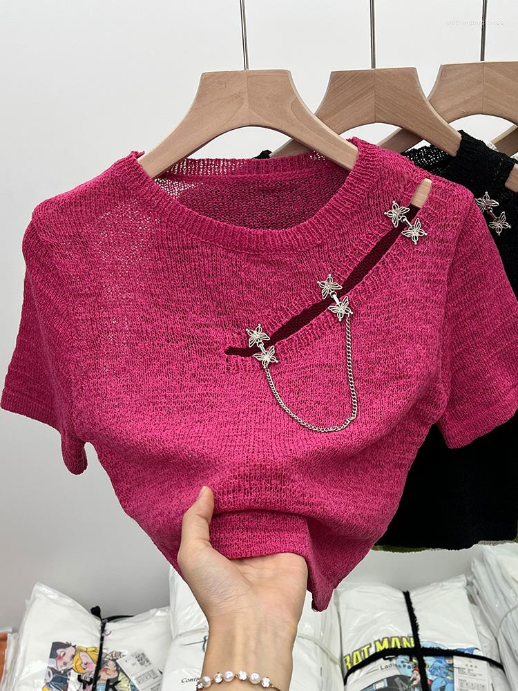 

Women' T Shirts Women' Knitted T-Shirt Y2k O-Neck Short Sleeve Top Crop Tee Korean Vintage Harajuku Rose Red 2000s Kawaii Summer 2023, Green