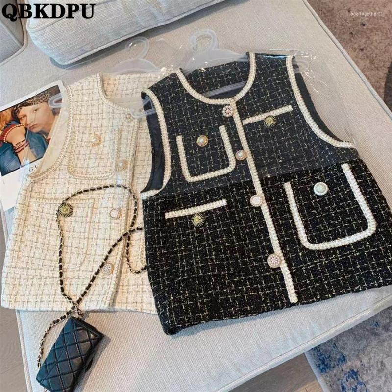 

Women's Vests Pearls Vintage Plaid Tweed Cropped Vest Women Spring Waistcoat Korean Chaleco V Neck Gilet Single Breasted Sleeveless Jacket, Off white
