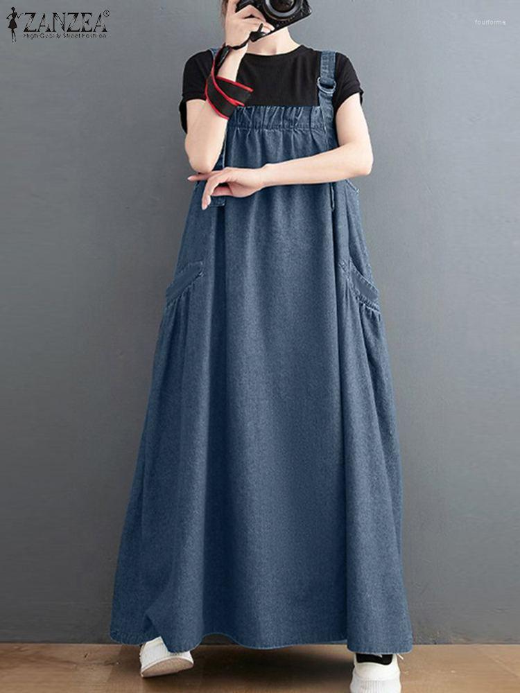 

Casual Dresses Summer Overalls Dress Women Vintage Straps Solid A-line Denim Blue Oversized Sundress Fashion Beach Sarafans Vestidos Femme