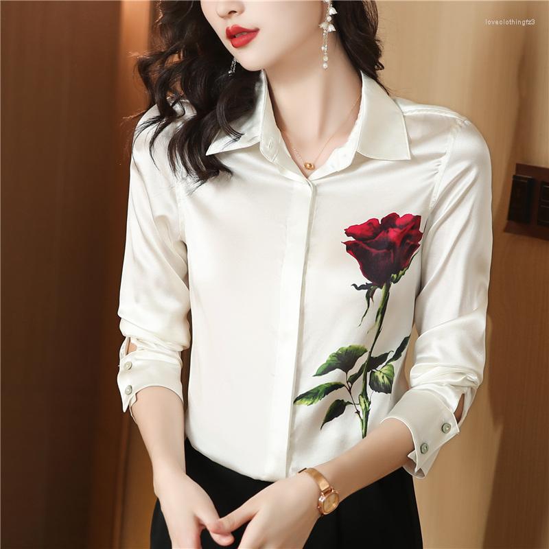 

Women's Blouses Satin Shirt Ladies Summer 2023 Floral Printed Casual Loose Long Sleeve Top Silk Clothing Turn-down Collar YCMYUNYAN, Image color
