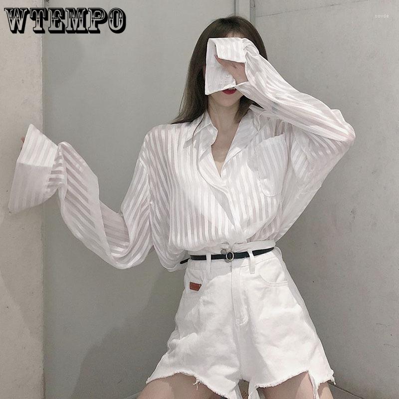 

Women' Polos Shiny Striped Thin Polo Shirts White Long Sleeve Women' Loose Coat All-match Sunscreen Shirt Design Harajuku Top