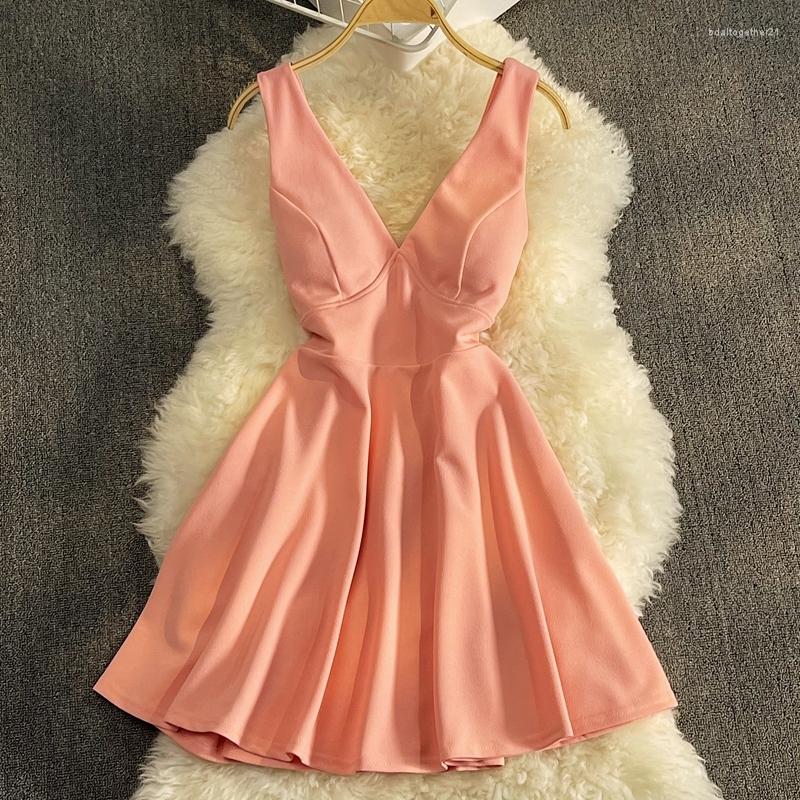 

Casual Dresses Women Summer Deep V-neck Sexy Dress 2023 Korean Fashion Slim High Waist Sleeveless Backless A-line Party Mini Vestidos, Burgundy