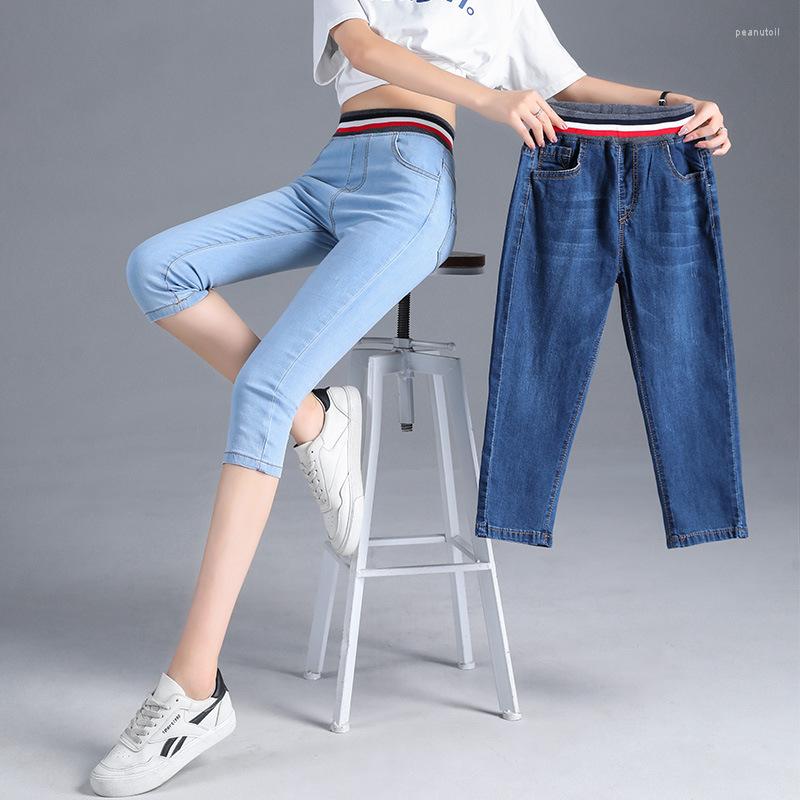 

Women's Pants 2023 Summer Capris Jeans Women Elastic Waist Stretch Calf-length Pencil Oversized Mom Denim Trousers Female, Sky blue -1