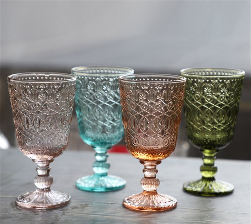 

European Vintage Wine Glasses Embossed Stained Goblet 7 Colors Beer Glass Cup