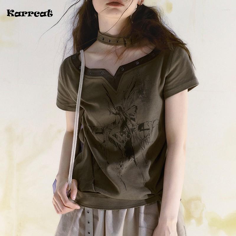 

Women' T Shirts Karrcat Grunge Aesthetics T-shirt Vintage Patchwork Halter Tops Wasteland Punk Style Tee Shirt Harajuku Gothic Streetwear, Gray green