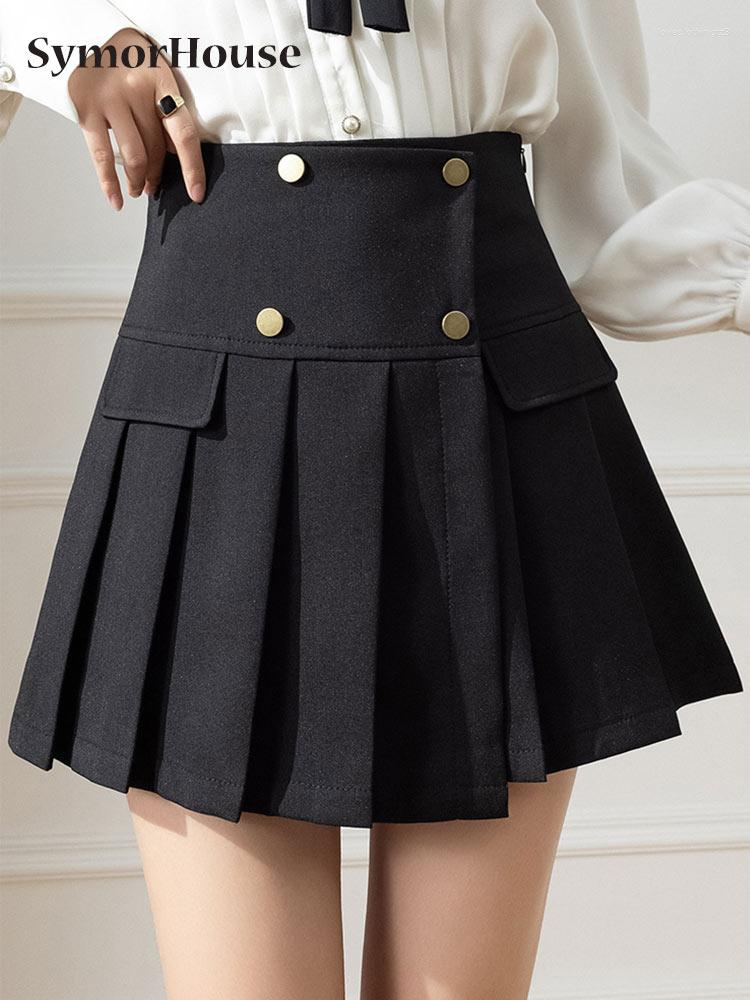 

Skirts Spring Summer Black Skirt Women High Waist Pleated Irregular Chic Button Fashion Office Lady Short A-Line Female