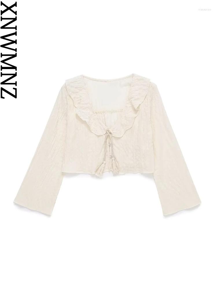 

Women's Tanks XNWMNZ 2023 Fashion Romantic Crop Blouse Woman Rural V-neck Ruffle Long Sleeve Tie Female Chic Top, Picture color